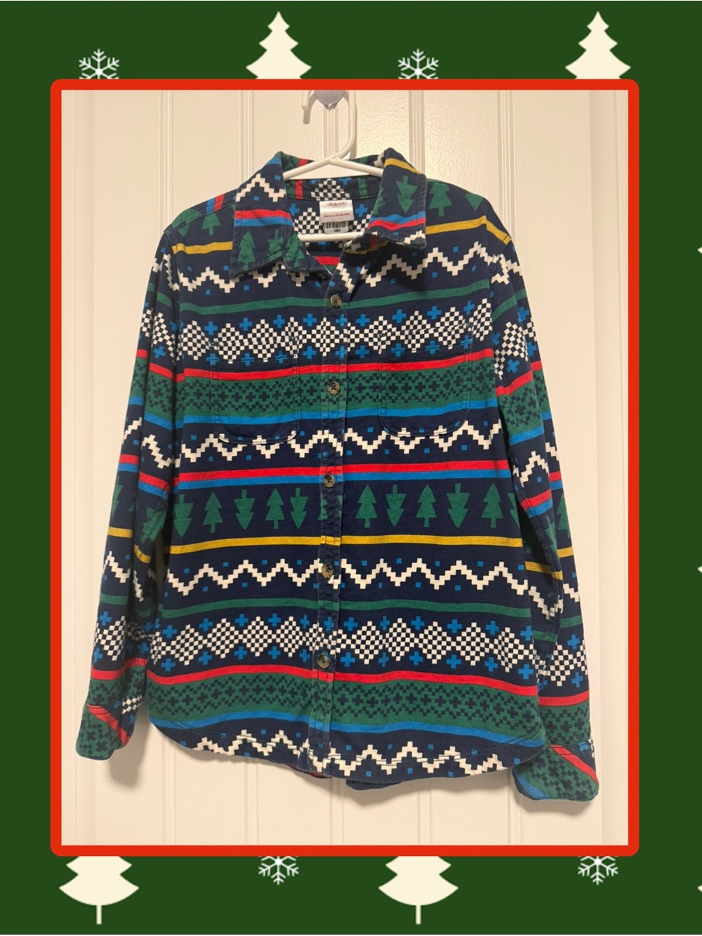 Hanna Andersson Cozy Patterned Holiday Button-Up Shirt - size 8/130cm